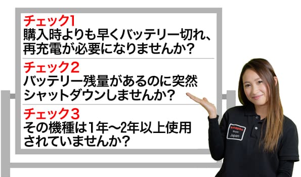 こんな状態ならiPhoneのバッテリー交換が必要です。チェック1・購入時よりもバッテリーが早く切れて再充電が必要じゃないですか?チェック2・バッテリー残量があるのに、突然シャットダウンしませんか?チェック3・今お使いの機種は1~2年以上ご使用されていませんか?